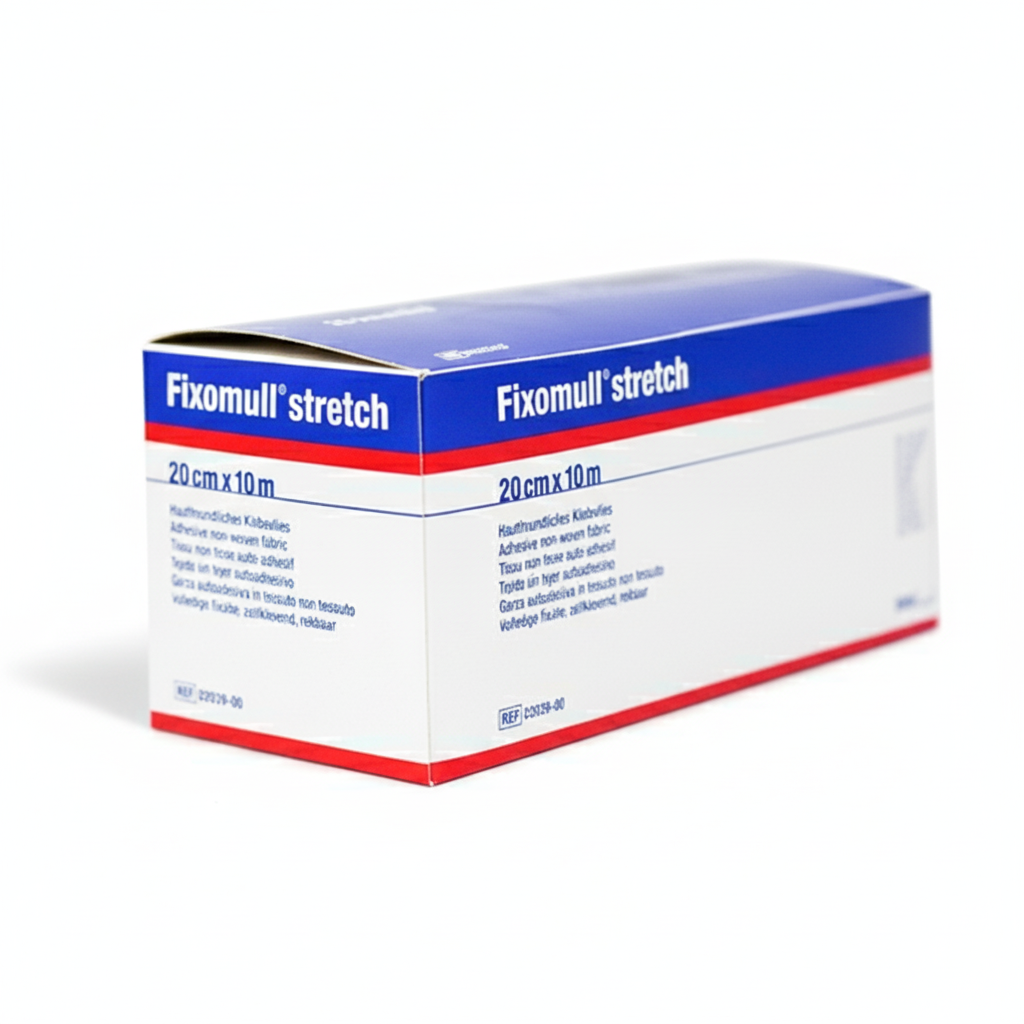 Fixomull Stretch Tape box showing skin-friendly, stretchable adhesive tape for securing dressings on mobile, contoured body parts