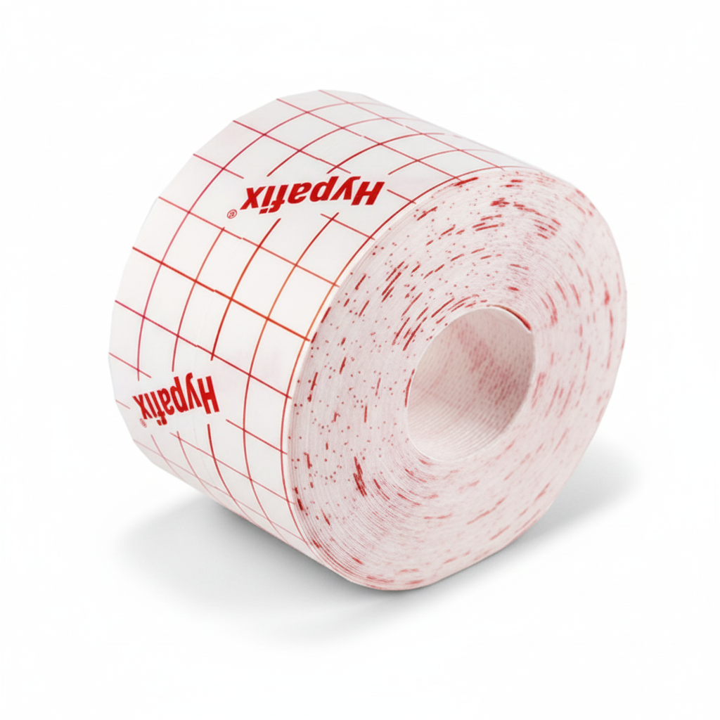 Hypafix Retention Bandage rolled up showing grid pattern for easy cutting, used in first aid supplies and wound care.