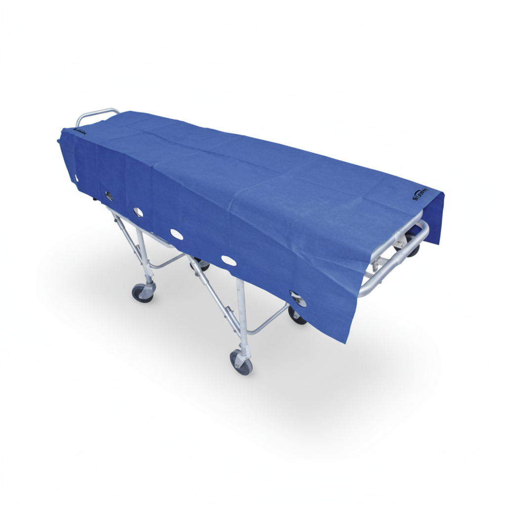 Disposable Linen Draw Sheet on stretcher with 6 handles for hygienic patient handling in medical and treatment settings