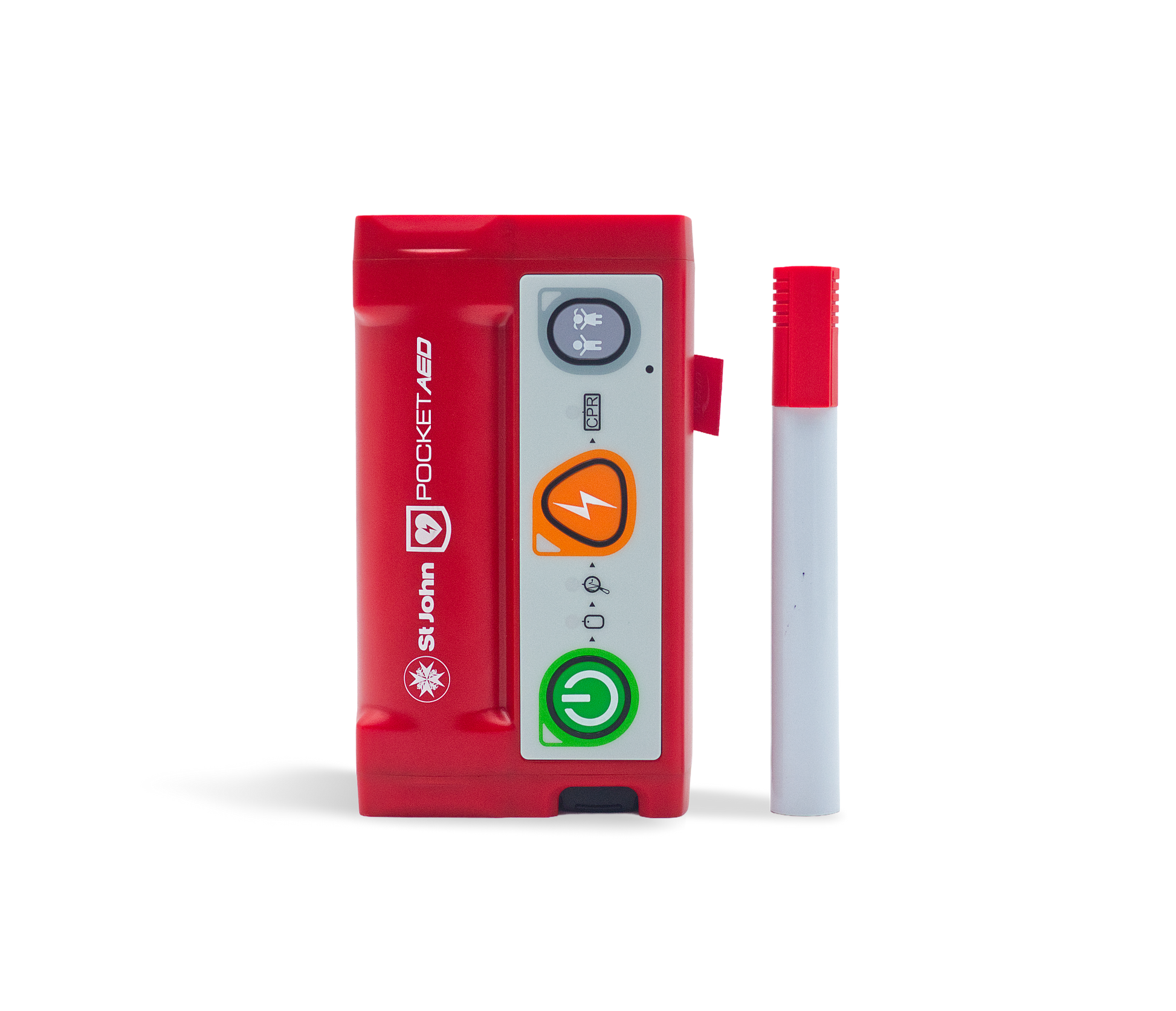A red St John Pocket AED emergency response device standing upright next to a white marker with a red cap, photographed on a clean white background.