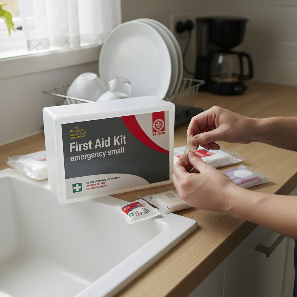 Small Emergency First Aid Kit with compact essential supplies on kitchen counter for quick emergency response.