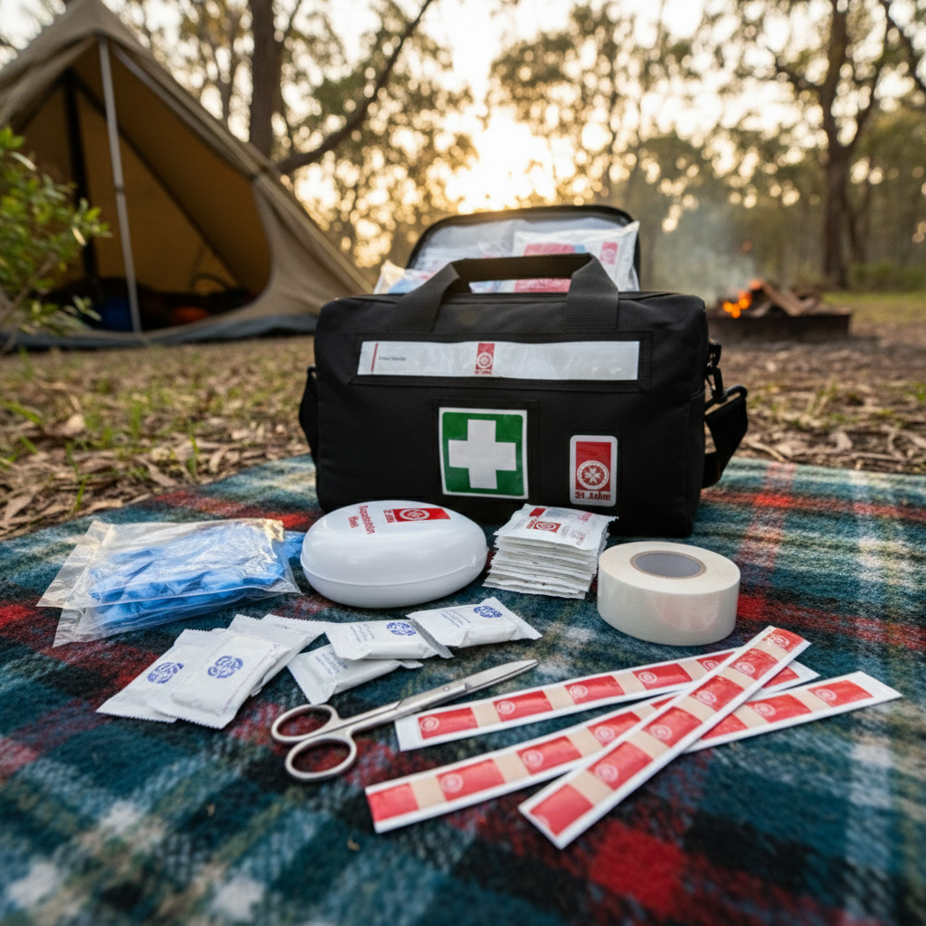 Off-Road First Aid Kit (Waist Bag) with essential first aid supplies displayed on a picnic blanket in an outdoor camping setting