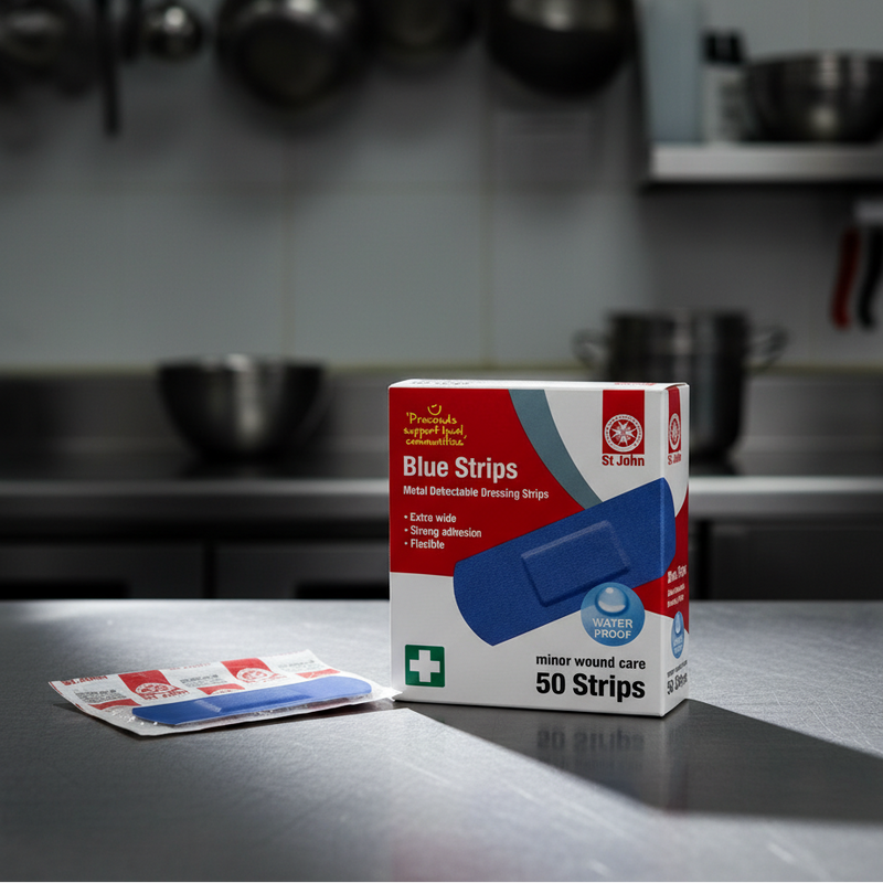 Metal-detectable blue plasters and strips