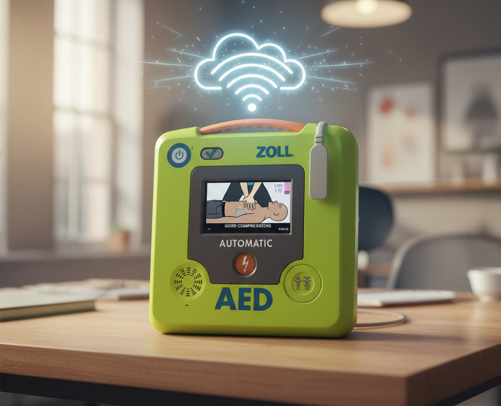 ZOLL AED 3 defibrillator with full-color display and real-time CPR feedback, designed for first aid and emergency response.