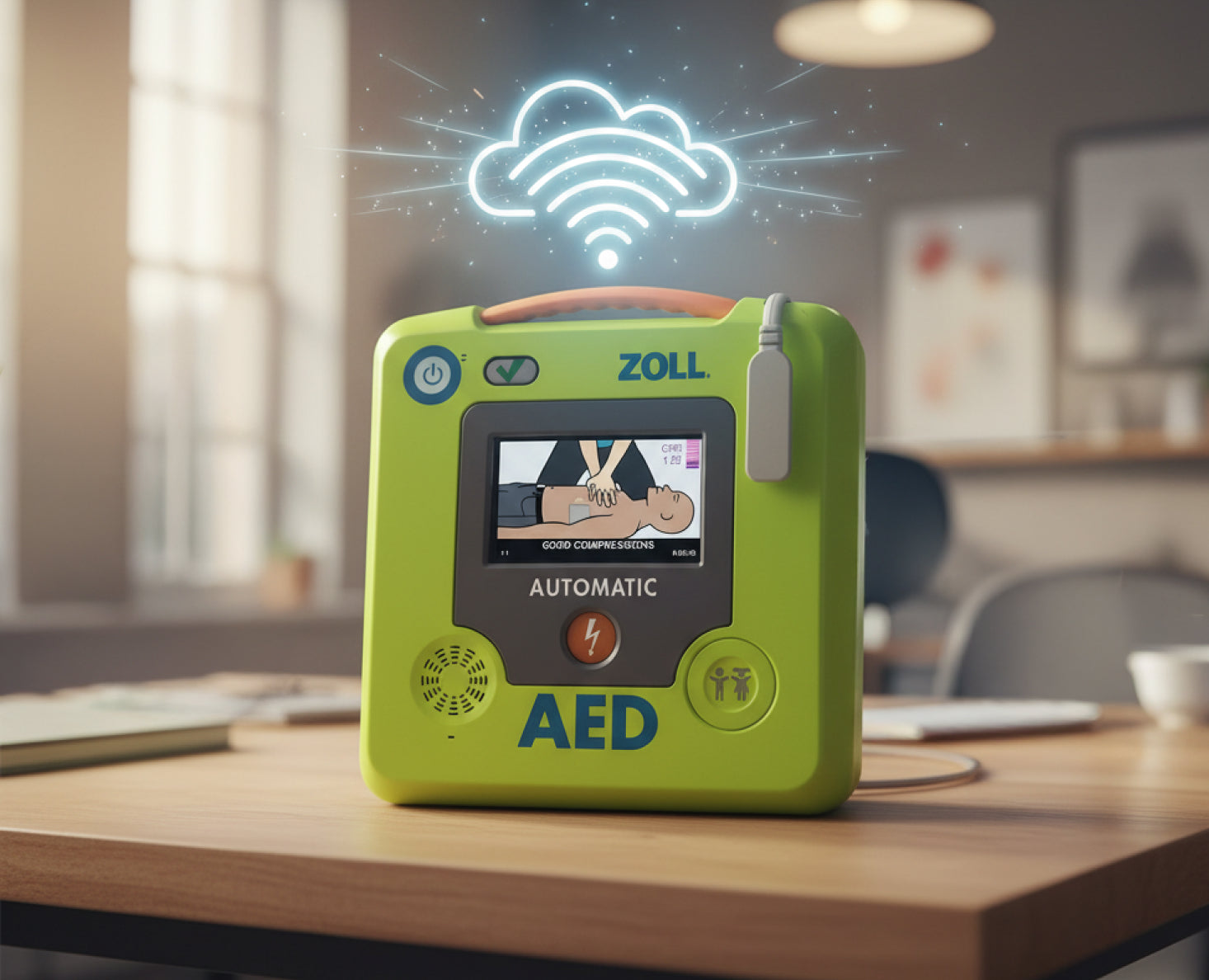 ZOLL AED 3 defibrillator with full-color display and real-time CPR feedback, designed for first aid and emergency response.